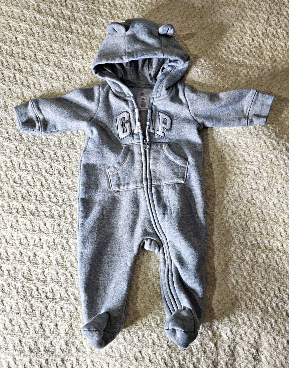 baby Gap 0-3 Months Gray Fleece Hooded Zip Coverall One-Piece Solid Logo